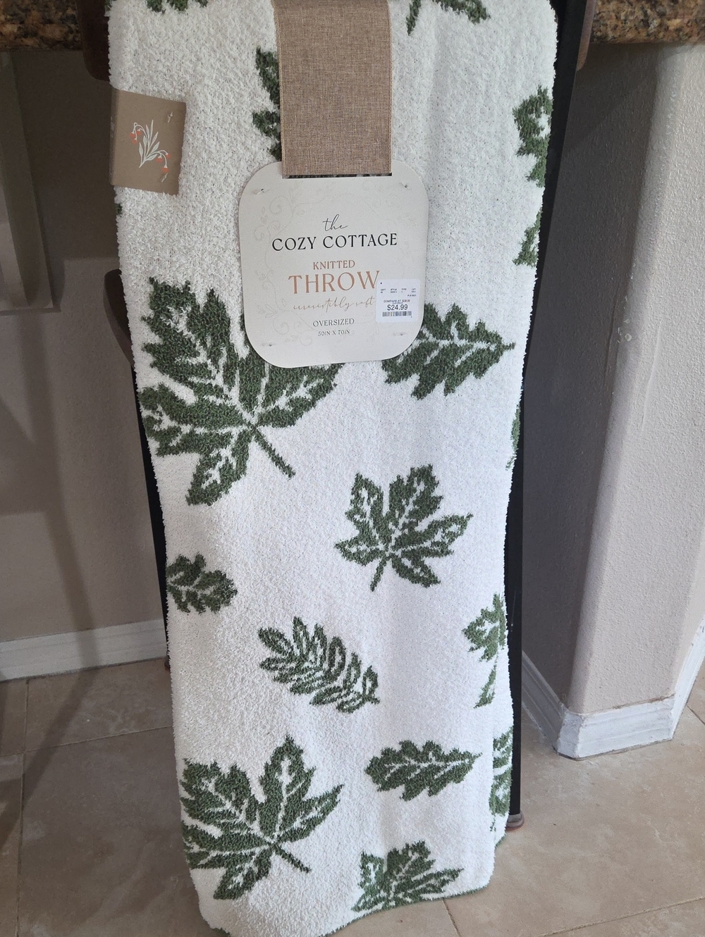 Knitted Throw Blanket - White with Green Leaf Pattern